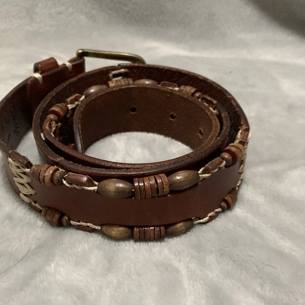 Vintage Omega Genuine Leather‎ Belt Large Brown Beaded & Stitched Made in Turkey